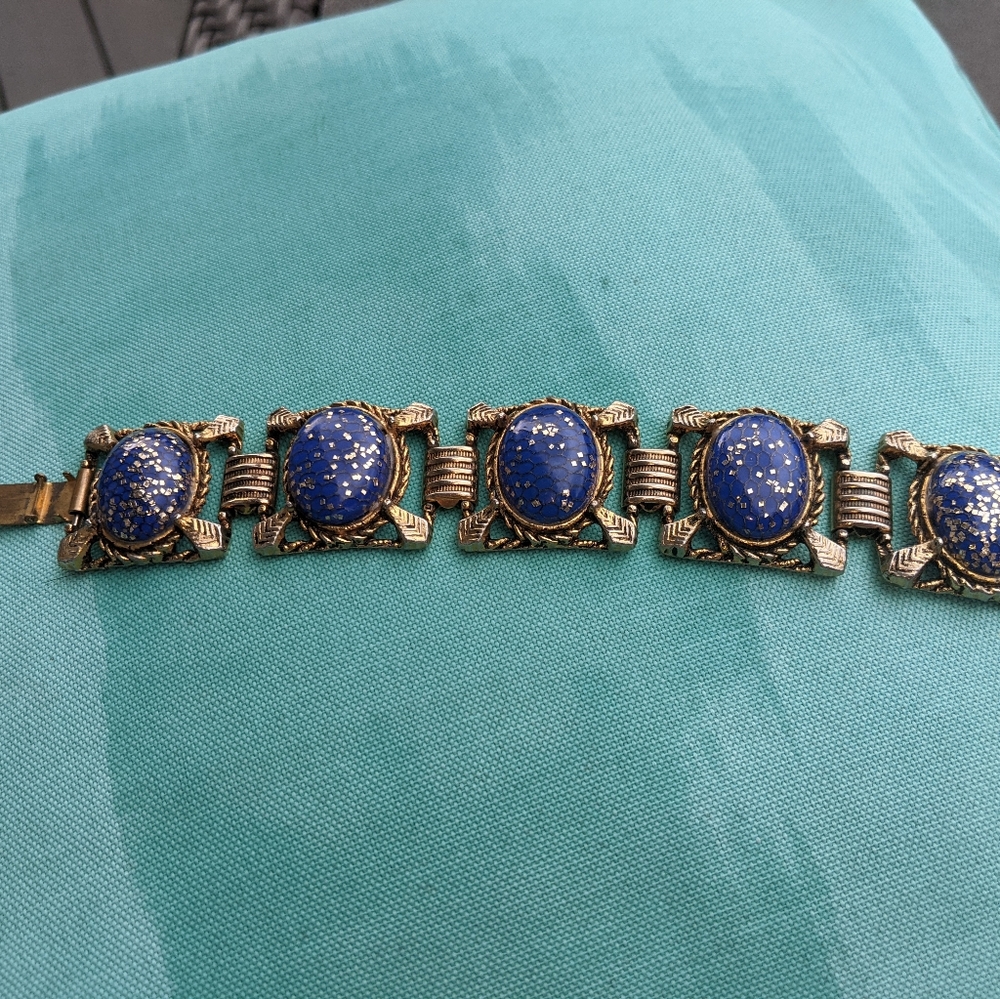 Vintage Art Deco Egyptian Revival Lapis Blue Guilloche Design Estate Bracelet